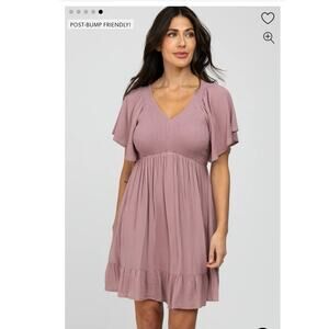 PinkBlush Mauve Pink Smocked Front Ruffle Hem Maternity & Nursing Friendly Dress